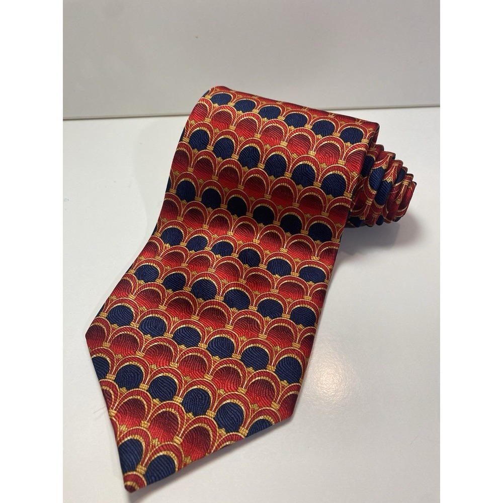 Zionetti Mens Tie Extra Long 62in Red Blue Gold Scalloped Silk Italy Fabric